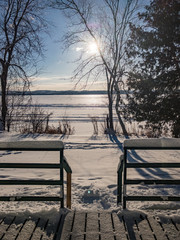 winter scene of snow covered lake 