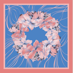 Colorful silk scarf with flowering poppy, orchid and peonies.