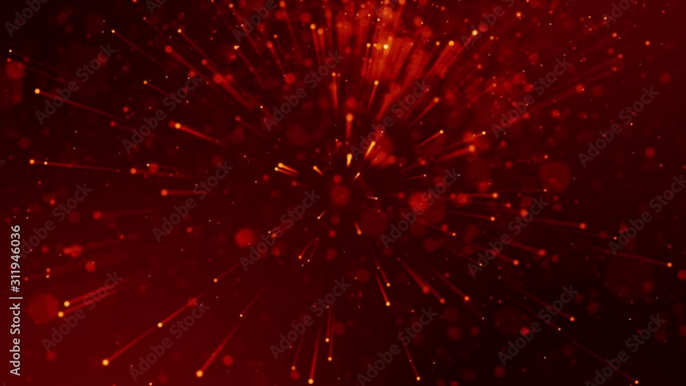 Poster 4k 3d animation of red yellow glowing particles float in viscous liquid and glisten with light rays.