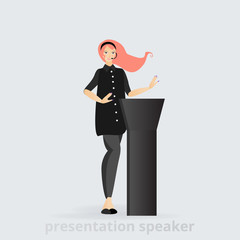 Cartoon beautiful smiling Woman speaker giving speech from tribune  business lady, vector illustration