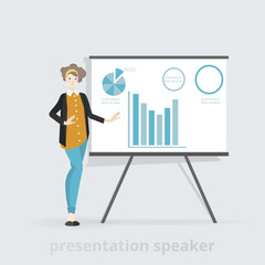 Cartoon beautiful smiling woman presentation speaker near board with graphs, business lady, vector illustration