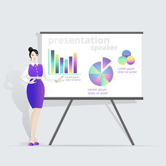 Cartoon beautiful smiling woman presentation speaker near board with graphs, business lady, vector illustration