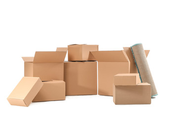Heap of moving boxes on white background