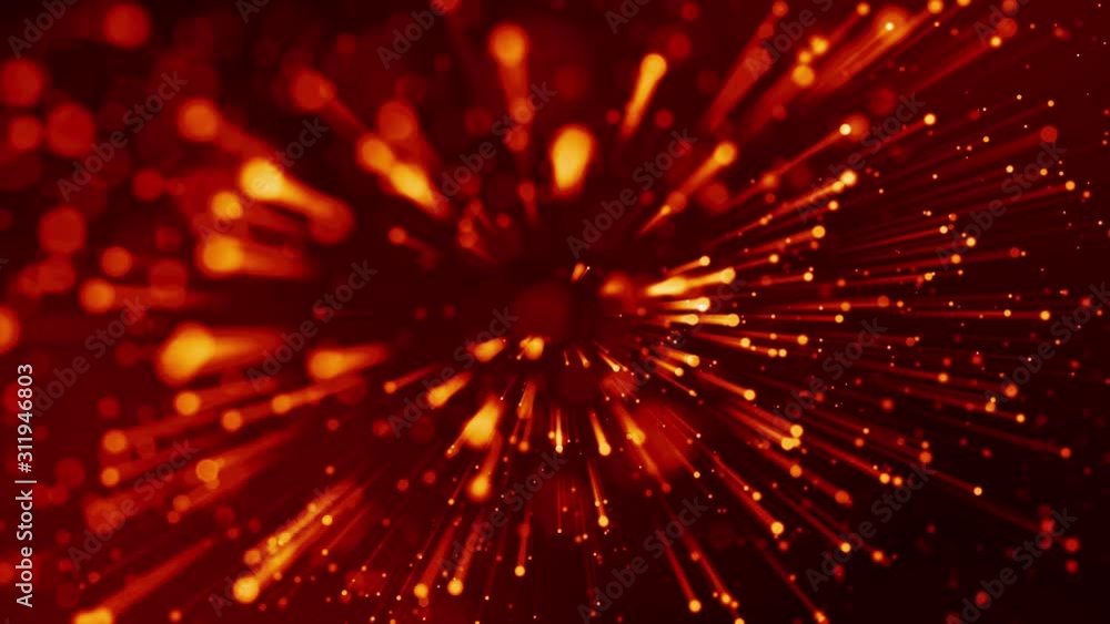 Poster 4k 3d animation of red yellow glowing particles float in viscous liquid and glisten with light rays.