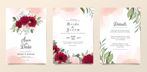Elegant wedding invitation card template set with floral frame and fluid background. Roses and leaves botanic illustration for background, save the date, invitation, greeting card, poster vector