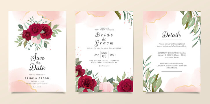 Elegant wedding invitation card template set with floral frame and fluid background. Roses and leaves botanic illustration for background, save the date, invitation, greeting card, poster vector