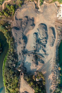 Basalt processing plant, top view plant, bird flight.