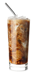 Glass of tasty cold coffee on white background