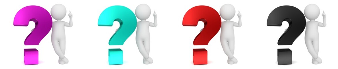 question mark red black pink turquoise 3d interrogation points white stick man figure person