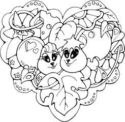 Funny cartoon Mice couple in love, happy family celebration vector doodle stock illustration, black and white print for greeting / invitation card, coloring book, t-shirt, fabric