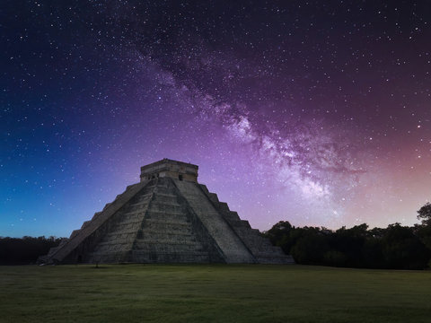 Chichen Itza Under a Bright and Starry Night Sky with the Milky Way Galaxy Above it