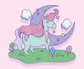unicorn with heart moon flowers in the meadow fantasy magic cartoon