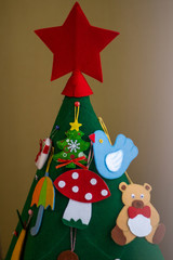 fir, decorated, artificial, felt christmas tree, garland, christmas toys, red star, bear, gingerbread, christmas tree, umbrella, mushroom amanita, apple, pear, dove, boot, mittens, turtle, december, c