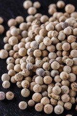 white peppercorns on dark slate stone background