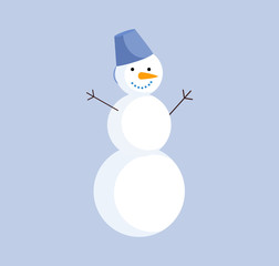 Cute snowman simple color flat illustration. Funny snow man with bucket and carrot icon isolated on blue background. Christmas, New Year outdoor decoration, winter cartoon symbol