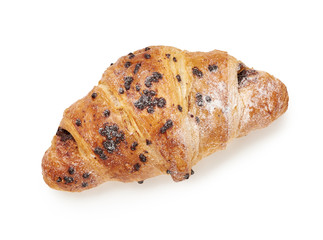 Fresh croissant with chocolate on a white background. Top view.