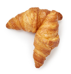 Two croissants isolated on white background. Top view.