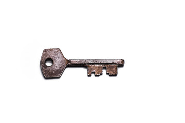 Single old key isolated on white background