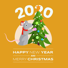 Happy New Year postcard vector template. Funny mouse decorating fir tree cartoon character and merry Christmas white inscription. Xmas greeting card, social media post design color layout