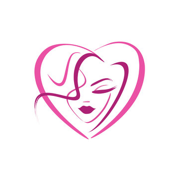 Silhouette Of A Female Face - Heart Shaped Logo. Hairstyle. Curl. Cosmetology. Eyelashes. Lips