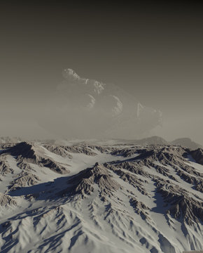 Science fiction illustration of a giant derelict spaceship crashed in the mountains on a snow covered planet, 3d digitally rendered illustration