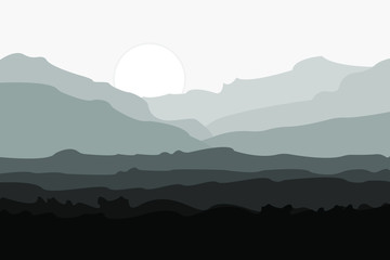 Gray color mountain landscape and rising sun. Vector illustration.
