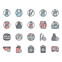 No plastic concept related icon and symbol set in color outline design.