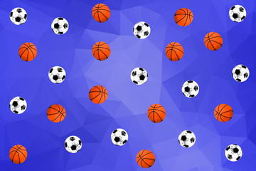 Colorful zine style retro falling football soccer balls and basketballs on a green geometric background