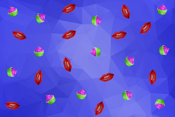 Colorful zine style retro falling red women's lips and cupcakes on a blue geometric background