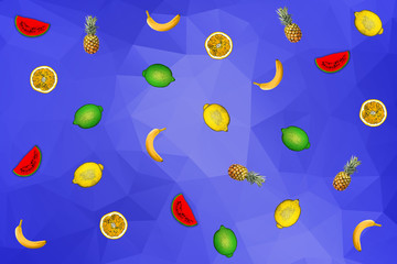 Colorful retro falling lemons, limes, oranges, banana's, pineapples and watermelon slices animation on a blue geometric background