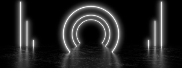 Colored neon lamps in a dark tunnel. 3d rendering image.