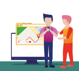 young men using smartphone and desktop with gps app