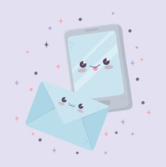 kawaii smartphone and envelope message cartoon