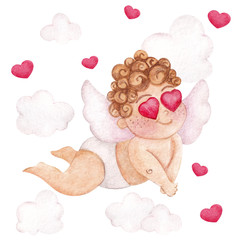 Watercolor illustration for Valentines day, cute Cupid with hearts, clouds, hand draw  element, isolated on white background