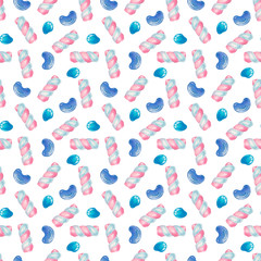 Watercolor pattern with marshmallows. Illustration of striped marshmallows and blue sweets in cartoon style on a white background for paper, textile, packaging