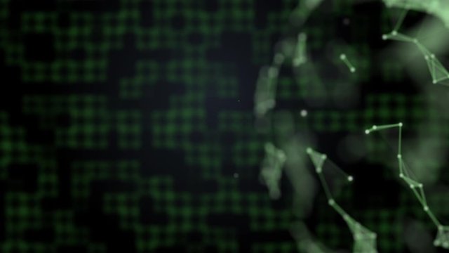 Blockchain network concept. Network of abstract elements with codified information covering the surface of planet, comming closer.