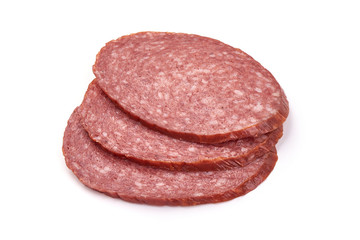 Sliced Salami smoked sausage, isolated on white background