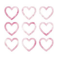 9 shapes of pink hearts on a watercolor texture. Isolated patterns on a white background. For valentines day, wedding or greeting card