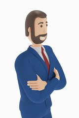 Young businessman with a beard. Cartoon character, businessman in suit with arms crossed. 3d rendering