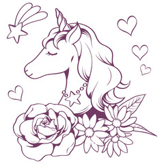 Naklejka na ściany i meble Cute hand drawn doodle unicorn, flower, heart, star and rainbow vector illustration, purple outline, cute little object, Coloring book, wallpaper and sticker tattoo.