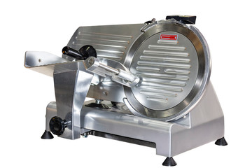 Modern Semi automatic frozen meat slicer electric machine for food industrial isolated on white...