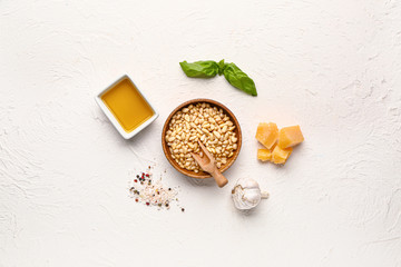 Ingredients for pesto sauce on white background