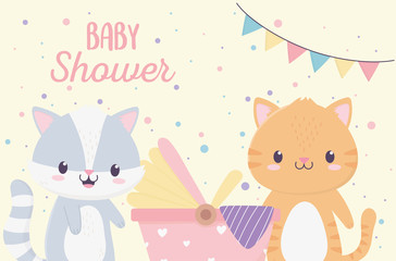 baby shower cute little raccoon and cat with pram greeting card