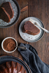 Delicious dessert, dark chocolate bundt cake topped with ganache glaze