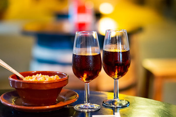 Naklejka premium Sherry wine tasting, selection of different jerez fortified wines from dry to very sweet in glasses, Jerez de la Frontera, Andalusia, Spain