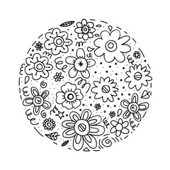 Black doodle flowers in the shape of a circle on a white background