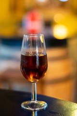 Christmas sherry wine, dry or sweet jerez fortified wine in glasses and street lights, Jerez de la Frontera, Andalusia, Spain