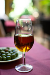 Sherry wine tasting, selection of different jerez fortified wines from dry to very sweet in glasses, Jerez de la Frontera, Andalusia, Spain