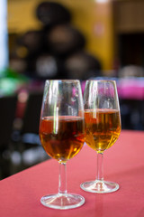Sherry wine tasting, selection of different jerez fortified wines from dry to very sweet in glasses, Jerez de la Frontera, Andalusia, Spain