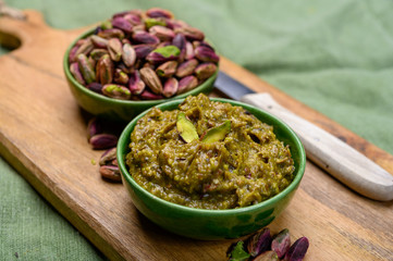 Pistachio pesto sauce made from high quality green pistachio nuts growing on slopes of Mount Etna...